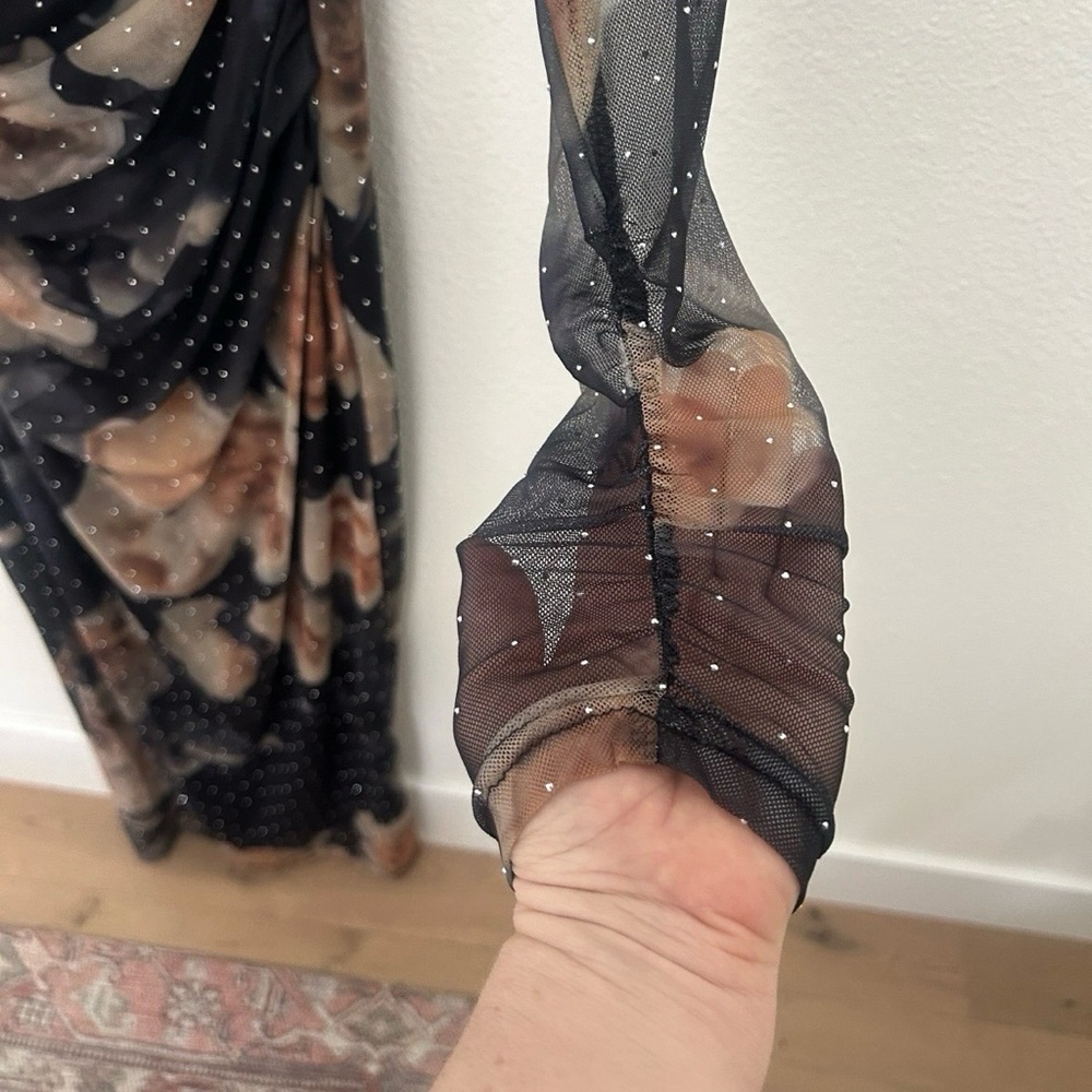 Quiz Gothic Dark Floral Midi Dress NEW Size 10 Ruched Sheer Sparkle Brown Black - Picture 9 of 16